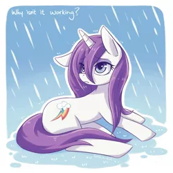 Size: 1280x1280 | Tagged: artist:jopiter, dead source, derpibooru import, magical mystery cure, rain, rarity, sad, safe, solo, swapped cutie marks, wet, wet mane, wet mane rarity