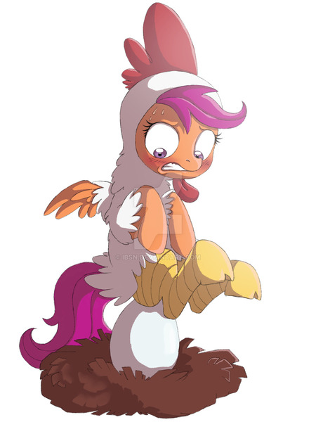 Size: 1024x1365 | Tagged: dead source, safe, artist:ibsn, derpibooru import, scootaloo, pegasus, pony, chicken suit, clothes, deviantart watermark, egg, female, momma scoots, obtrusive watermark, scootachicken, solo, watermark