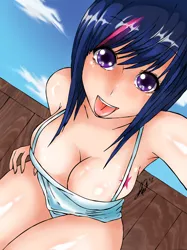 Size: 2440x3256 | Tagged: suggestive, artist:manhunterj, derpibooru import, twilight sparkle, human, alternative cutie mark placement, armpits, boobie mark, breasts, busty twilight sparkle, cleavage, downblouse, female, humanized, looking at you, selfie, sideboob, solo, solo female, tongue out