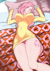 Size: 851x1200 | Tagged: anti-gravity boobs, artist:fenrox, bed, big breasts, boob socks, breasts, busty fluttershy, clothes, cutie mark on human, derpibooru import, female, fluttershy, human, humanized, panties, pink underwear, sleeping, solo, solo female, suggestive, sweater, sweater dress, sweatershy, tailed humanization, underwear, vacuum sealed clothing