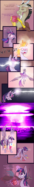 Size: 552x2981 | Tagged: safe, artist:graypaint, derpibooru import, discord, twilight sparkle, twilight sparkle (alicorn), alicorn, pony, rapidash, beam, coffee mug, comic, explosion, female, flying, glowing eyes, magic, magic blast, mare, mushroom cloud, overreaction, rapidash twilight