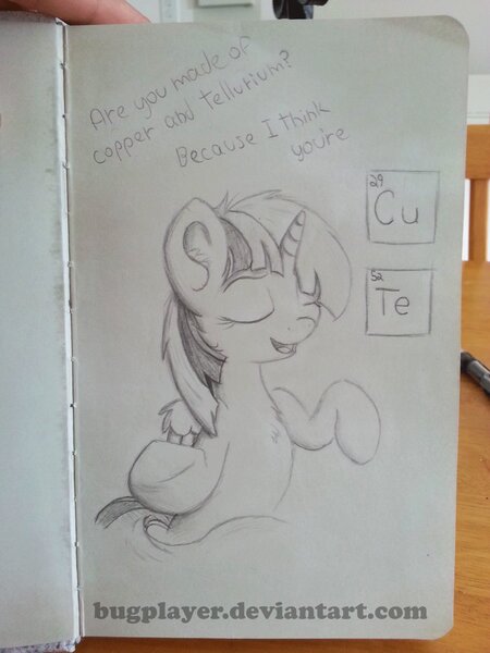 Size: 774x1032 | Tagged: safe, artist:bugplayer, derpibooru import, twilight sparkle, twilight sparkle (alicorn), alicorn, pony, bugplayer is trying to murder us, copper, cute, eyes closed, female, fluffy, mare, messy mane, monochrome, open mouth, pencil drawing, periodic table, pickup lines, science, science joke, smiling, solo, tellurium, traditional art