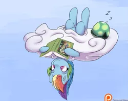 Size: 1725x1375 | Tagged: artist:alasou, book, cloud, cloudy, daring do, derpibooru import, patreon, patreon logo, rainbow dash, reading, safe, sleeping, snoring, tank, upside down, zzz