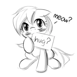 Size: 540x540 | Tagged: safe, artist:randy, derpibooru import, oc, oc:aryanne, unofficial characters only, cat, earth pony, pony, :3, aryan, aryan pony, aryanbetes, behaving like a cat, black and white, blushing, cute, female, grayscale, hug, looking up, meow, monochrome, nazipone, outline, question, sign, sitting, solo
