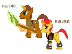 Size: 800x600 | Tagged: safe, artist:salted pingas, derpibooru import, oc, oc:dual gauge, oc:high brass, unofficial characters only, pony, unicorn, fallout equestria, fallout equestria: sweet child of mine, armor, clothes, father and son, gun, hoofberg 590, s&m model 29, text, vector