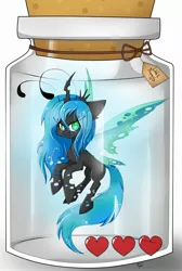 Size: 1500x2231 | Tagged: dead source, safe, artist:teranen, derpibooru import, queen chrysalis, changeling, changeling queen, fairy, :3, bottle, chibi, cute, cutealis, female, flying, heart, heart container, heart eyes, jar, looking at you, micro, no pupils, pony in a bottle, solo, the legend of zelda, tiny ponies, wingding eyes
