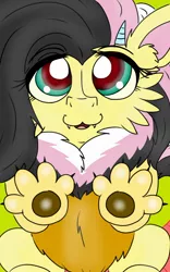 Size: 800x1280 | Tagged: artist:emz2015, cute, derpibooru import, fluffy, hybrid, interspecies offspring, oc, oc:sweet disarray, offspring, parent:discord, parent:fluttershy, parents:discoshy, safe, screen hug, solo, unofficial characters only