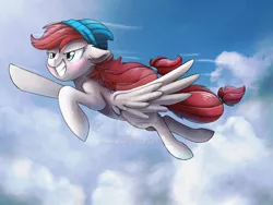 Size: 1024x768 | Tagged: dead source, safe, artist:ibsn, derpibooru import, oc, oc:avery beat, unofficial characters only, pegasus, pony, deviantart watermark, floppy ears, flying, hat, obtrusive watermark, solo, watermark