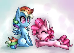 Size: 1400x1000 | Tagged: safe, artist:karmamoonshadow, derpibooru import, pinkie pie, rainbow dash, filly