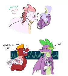 Size: 1024x1138 | Tagged: artist:craftedfun3, derpibooru import, dracony, dragon, father and daughter, father and son, garble, hybrid, interspecies offspring, magical gay spawn, oc, oc:curious violet, oc:jaw bite, oc x oc, offspring, offspring shipping, older, older spike, parent:fizzle, parent:garble, parent:rarity, parents:garbizzle, parent:spike, parents:sparity, safe, shipping, spike, teenaged dragon, winged spike
