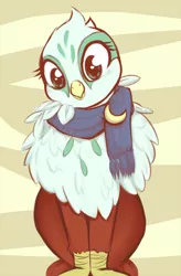 Size: 2899x4421 | Tagged: safe, artist:aisuroma, derpibooru import, greta, gryphon, catbird, clothes, cute, fluffy, gretadorable, head tilt, looking at you, puffy, scarf, sitting, smiling, solo