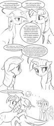 Size: 1280x2963 | Tagged: safe, artist:silfoe, derpibooru import, princess cadance, shining armor, twilight sparkle, twilight sparkle (alicorn), twilight velvet, alicorn, pony, royal sketchbook, crying, dialogue, eye contact, female, floppy ears, frown, grayscale, heart, hug, lesbian, looking away, love magic, magic, mare, misspelling, monochrome, mother and daughter, open mouth, power of love, raised hoof, shipping, smiling, speech bubble, twiluna, wide eyes