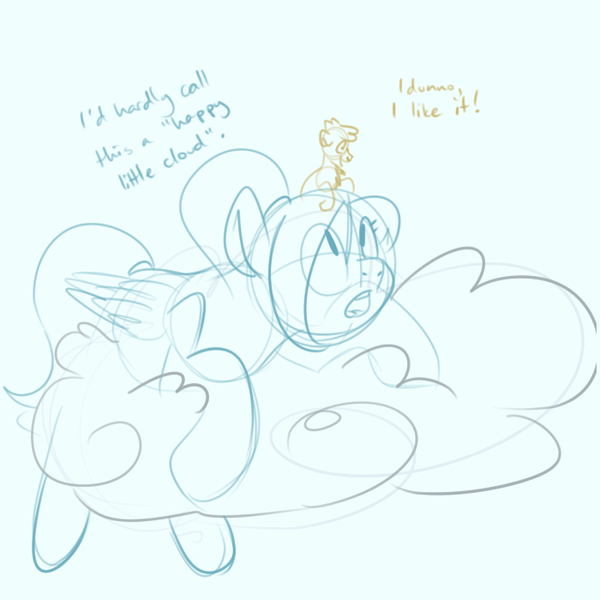 Size: 700x700 | Tagged: safe, artist:goat train, deleted from derpibooru, derpibooru import, oc, oc:cumulonimbus, oc:goatmod, unofficial characters only, pony, cloud, dialogue, giant pony, macro, size difference, sketch