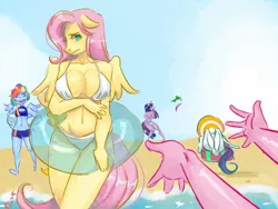 Size: 1280x960 | Tagged: absolute cleavage, adorasexy, anthro, applejack, arm under breasts, artist:fruitilupis, assisted exposure, barefoot, beach, beach babe, belly button, bikini, bikini babe, breasts, busty fluttershy, cleavage, clothes, covering, covering breasts, cute, derpibooru import, embarrassed, feet, female, first person view, fluttershy, frown, gummy, hand, inner tube, looking at you, mane six, midriff, offscreen character, one eye closed, open mouth, partial nudity, pinkie pie, rainbow dash, rarity, sexy, shorts, shy, sky, smiling, stupid sexy fluttershy, suggestive, swimsuit, swimsuit theft, tanning, topless, twilight sparkle, water, wink