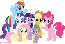 Size: 3975x2677 | Tagged: safe, artist:sketchmcreations, derpibooru import, applejack, fluttershy, pinkie pie, rainbow dash, rarity, spike, twilight sparkle, twilight sparkle (alicorn), alicorn, pony, twilight's kingdom, adobe illustrator, cowboy hat, female, floating, group, group shot, hat, let the rainbow remind you, looking at you, mane seven, mane six, mare, open mouth, prone, raised hoof, simple background, smiling, song, stetson, transparent background, vector