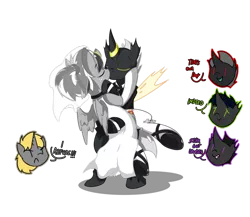 Size: 800x694 | Tagged: safe, artist:srmario, derpibooru import, oc, oc:doctiry, oc:platan, oc:reinflak, unofficial characters only, alicorn, changeling, pony, unicorn, alicorn oc, bridal veil, broken horn, changeling oc, clothes, couple, dress, female, german, green changeling, groom, husband and wife, interspecies, kissing, male, marriage, platiry, purple changeling, red changeling, socks, wedding, wedding dress, wedding ring, yellow changeling