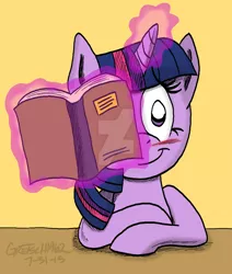 Size: 1024x1210 | Tagged: dead source, safe, artist:gretsch1962, derpibooru import, twilight sparkle, pony, unicorn, blushing, book, deviantart watermark, female, magic, mare, obtrusive watermark, solo, watermark