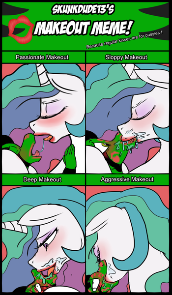 Size: 709x1216 | Tagged: suggestive, artist:digitaldomain123, artist:microdude87, artist:skunkdude13, derpibooru import, princess celestia, oc, oc:cameron, anthro, anthro oc, anthro on pony action, art trade, canon x oc, digital art, drool, french kiss, huehuehue, kiss mark, kissing, lipstick, lipstick fetish, make-out-meme, non-mlp oc, shipping, sloppy kissing