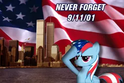 Size: 800x534 | Tagged: 9/11, american flag, barely pony related, building, derpibooru import, drama bait, manhattan, mouthpiece, never forget, new york, new york city, obligatory pony, propaganda, rainbow dash, safe, salute, skyscraper, solo, stars and stripes, tower, twin towers, united states, world trade center