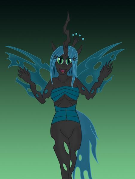 Size: 935x1241 | Tagged: anthro, artist:arelathh, bedroom eyes, belly button, breasts, derpibooru import, female, looking at you, open mouth, queen chrysalis, smiling, solo, suggestive, underboob