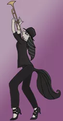 Size: 825x1575 | Tagged: safe, artist:arelathh, derpibooru import, octavia melody, anthro, bowler hat, bowtie, clothes, hat, high heels, musical instrument, solo, trumpet