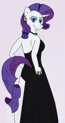 Size: 1576x2988 | Tagged: suggestive, artist:arelathh, derpibooru import, rarity, anthro, backless, clothes, dress, earring, looking at you, looking back, nail polish, necklace, piercing, smiling, solo