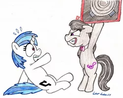 Size: 1257x999 | Tagged: safe, artist:silversimba01, derpibooru import, octavia melody, vinyl scratch, earth pony, pony, unicorn, angry, bass cannon, funny, music, musician, this will end in jail time, this will end in pain, traditional art, wub