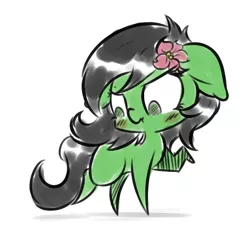 Size: 1063x1003 | Tagged: safe, artist:krucification, derpibooru import, oc, oc:anonfilly, unofficial characters only, pony, age regression, blushing, chibi, female, filly, flower, flower in hair, implied transformation, implied transgender transformation, pointy ponies, scrunchy face, simple background, solo, white background