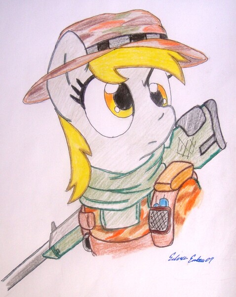 Size: 912x1144 | Tagged: safe, artist:silversimba01, derpibooru import, derpy hooves, pegasus, pony, battlefield, bust, clothes, female, frown, gun, hat, mare, recon, rifle, scarf, serious, serious face, simple background, solo, traditional art, uniform, weapon, white background