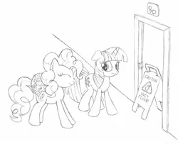 Size: 1600x1300 | Tagged: artist:datspaniard, bathroom, bathroom denial, derpibooru import, desperation, diaper, diaper fetish, diaper package, knees pressed together, monochrome, need to pee, omorashi, pinkie pie, potty dance, potty emergency, potty time, safe, this will end in diapers, trotting in place, twilight sparkle, wet floor sign