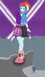 Size: 1839x3171 | Tagged: safe, artist:final7darkness, derpibooru import, flash sentry, pinkie pie, rainbow dash, spike, dog, equestria girls, friendship through the ages, rainbow rocks, 80s, blimp, boots, city, clothes, ear piercing, giantess, lights, looking down, macro, music notes, night sky, open mouth, pants, piercing, rainbow punk, request, requested art, shoes, skirt, spike the dog, stars