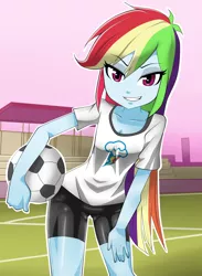 Size: 1320x1800 | Tagged: safe, artist:nekojackun, derpibooru import, rainbow dash, human, equestria girls, ball, beautiful, beautisexy, bedroom eyes, cleavage, clothes, compression shorts, confident, cutie mark on clothes, female, football, hand on thigh, hips, long hair, looking at you, purple eyes, sexy, shirt, smiling, smirk, soccer field, solo, t-shirt