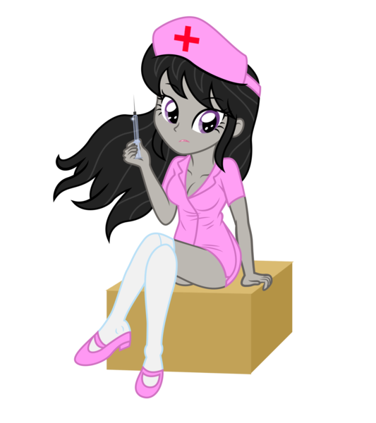 Size: 1343x1511 | Tagged: suggestive, artist:sumin6301, derpibooru import, octavia melody, equestria girls, background human, box, breasts, clothes, crossed legs, female, long hair, needle, nurse, outfit, sitting, solo, syringe