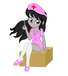 Size: 1343x1511 | Tagged: suggestive, artist:sumin6301, derpibooru import, octavia melody, equestria girls, background human, box, breasts, clothes, crossed legs, female, long hair, needle, nurse, outfit, sitting, solo, syringe