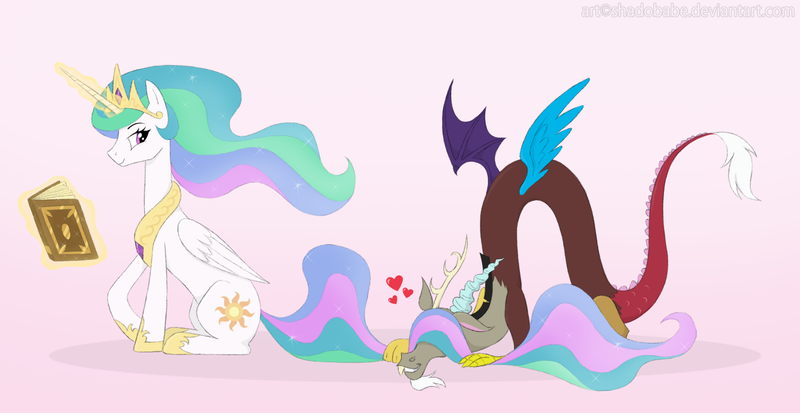 Size: 1900x980 | Tagged: safe, artist:shadobabe, derpibooru import, discord, princess celestia, book, cute, cutelestia, discute, dislestia, female, heart, looking back, magic, male, shipping, sitting, straight, tail hug, telekinesis