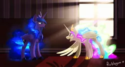 Size: 2298x1243 | Tagged: artist:rublegun, backlighting, crepuscular rays, derpibooru import, ethereal mane, glowing mane, light, looking at each other, open mouth, princess celestia, princess luna, safe, shadow, signature, sun, sunlight, window