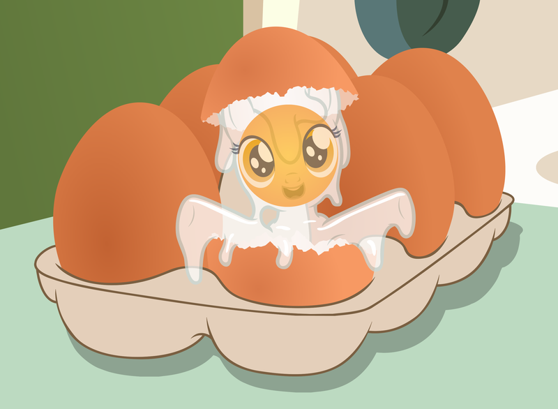 Size: 2619x1920 | Tagged: safe, artist:badumsquish, derpibooru import, oc, unofficial characters only, food pony, goo pony, original species, adoracreepy, badumsquish strikes again, breakfast, breakfast is ruined, creepy, cute, egg (food), female, filly, foal, food, happy, hatchling, kitchen, looking at you, open mouth, solo, wat