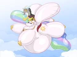 Size: 1350x1000 | Tagged: safe, artist:redflare500, derpibooru import, discord, princess celestia, alicorn, balloonie pony, draconequus, original species, pony, big belly, blimp, blimpestia, duo, inanimate tf, inflatable, inflated hair, inflated tail, inflated wings, inflation, puffy cheeks, transformation