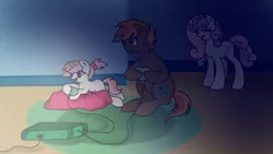 Size: 1024x576 | Tagged: safe, artist:1231redflame, derpibooru import, button mash, sweetie belle, oc, oc:pixel bit, father and daughter, female, male, offspring, older, parent:button mash, parent:sweetie belle, parents:sweetiemash, shipping, story included, straight, sweat, sweetiemash, video game