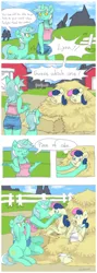 Size: 556x1560 | Tagged: safe, artist:cabyowl, derpibooru import, bon bon, lyra heartstrings, sweetie drops, anthro, earth pony, pony, unicorn, adorabon, anthro ponidox, anthro with ponies, comic, couple, cute, exclamation point, eyes closed, farm, female, fence, floppy ears, hay, haystack, interrobang, kissing, lesbian, lyrabetes, lyrabon, midriff, open mouth, playful, question mark, self ponidox, shipping, shocked, smiling, surprise kiss, surprised, wide eyes