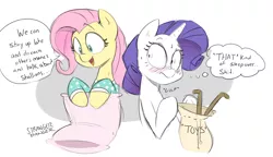 Size: 1574x908 | Tagged: suggestive, artist:strangerdanger, derpibooru import, fluttershy, rarity, pegasus, pony, unicorn, back scratcher, blushing, clothes, embarrassed, female, flarity, implied sex toy, lesbian, mare, pajamas, shipping, sleepover, unrequited, vulgar