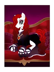 Size: 1200x1600 | Tagged: artist:celestialess, chaise, derpibooru import, looking at you, oc, oc:baroness thorns, pendant, pillow, safe, solo, unofficial characters only, vampire, vampony