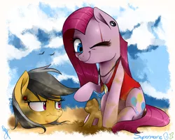 Size: 1012x812 | Tagged: artist:supermare, beach, clothes, crossover, daring do, derpibooru import, earring, far cry, far cry 3, mclovin, necklace, one eye closed, piercing, pinkamena diane pie, pinkie pie, safe, sand, shirt, vaas montenegro