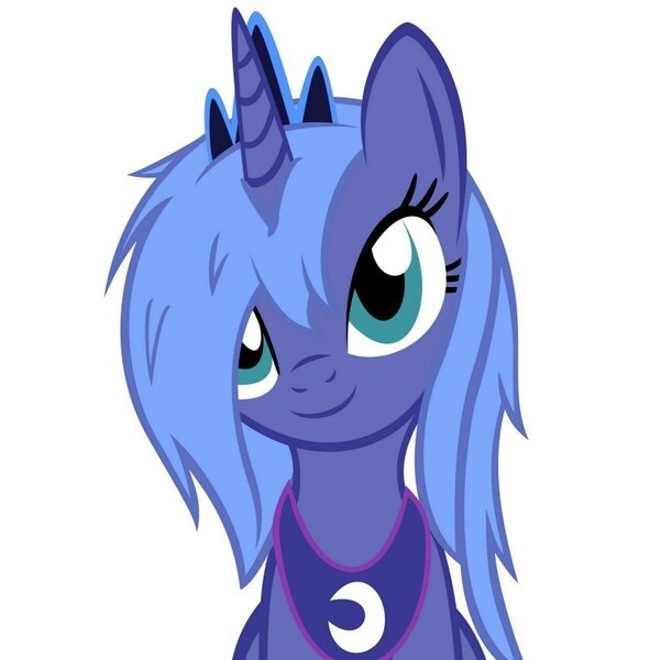 Size: 790x789 | Tagged: source needed, safe, artist:khyperia, artist:tg-0, derpibooru import, princess luna, alicorn, pony, alternate hairstyle, cute, full face view, looking at you, lunabetes, messy mane, morning ponies, portrait, s1 luna, simple background, sitting, smiling, solo, white background