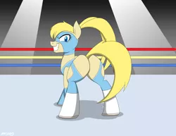 Size: 1650x1275 | Tagged: artist:mofetafrombrooklyn, assless chaps, clothes, derpibooru import, female, looking at you, looking back, plot, ponified, rainbow mika, solo, solo female, street fighter, street fighter v, suggestive, wrestling, wrestling ring