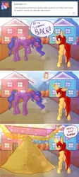 Size: 1280x2868 | Tagged: safe, artist:whisperfoot, derpibooru import, oc, oc:autumn leaf, unofficial characters only, earth pony, pony, unicorn, angry, ask, autumn, comic, female, levitation, magic, plot, sand, summer, tumblr, tumblr comic