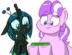Size: 761x580 | Tagged: artist:syggie, ask chubby diamond, ask the changeling princess, chubby, cute, cutealis, derpibooru import, diamondbetes, diamond tiara, fat, female, filly, filly queen chrysalis, foal, mike and ikes, nymph, princess chrysalis, queen chrysalis, safe, simple background, style emulation, white background, younger