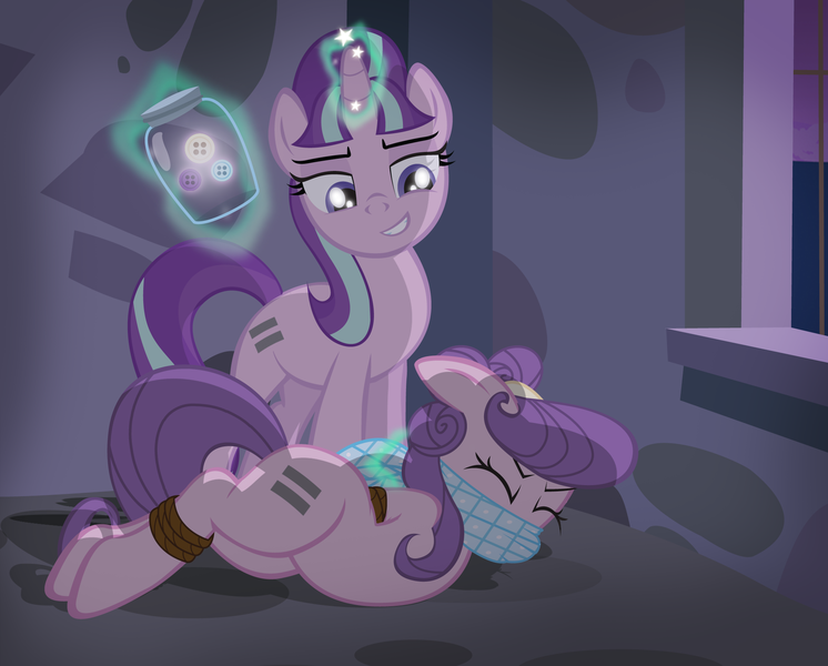 Size: 2010x1617 | Tagged: questionable, artist:radiantrealm, derpibooru import, starlight glimmer, suri polomare, pony, unicorn, backbend, bondage, cloth gag, cottage, equal cutie mark, equalized, female, femdom, femsub, gag, kidnapped, night, ropes, scarf gag, show accurate, show accurate porn, submissive, tied up