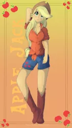 Size: 1837x3265 | Tagged: applejack, artist:oobrushstrokeoo, bookmark, boots, clothes, derpibooru import, human, humanized, pants, safe, solo