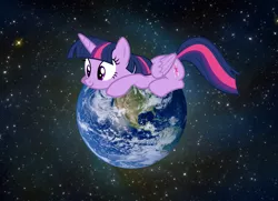 Size: 1920x1392 | Tagged: safe, derpibooru import, twilight sparkle, twilight sparkle (alicorn), alicorn, pony, cute, earth, female, giant pony, giantess, goddess, macro, mare, planet, pony bigger than a planet, prone, smiling, solo, space, stars, tangible heavenly object